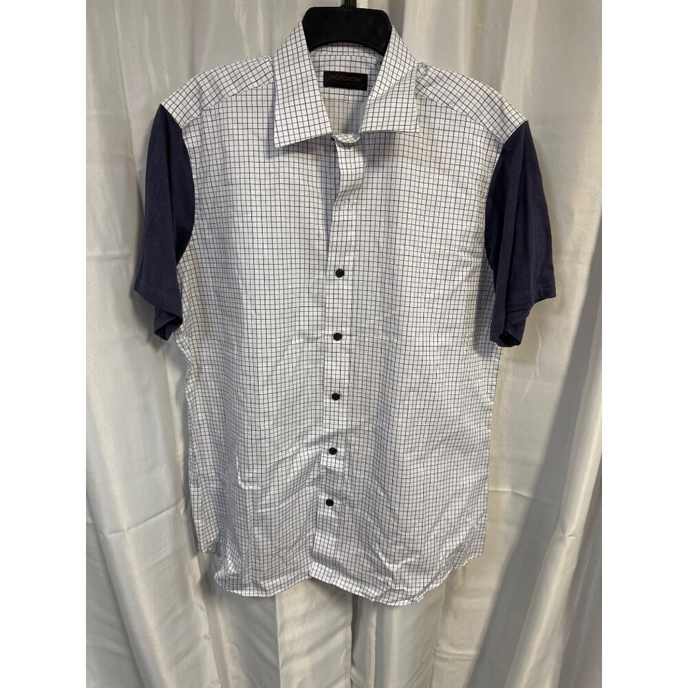 Stitched Shirt Men's XL White/Blue Check  Button-Up Shirt With Navy Sleeves